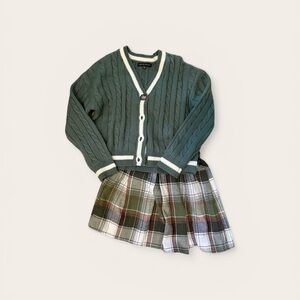 Cable-Knit Green Cardigan with Plaid Skirt Set - Kids